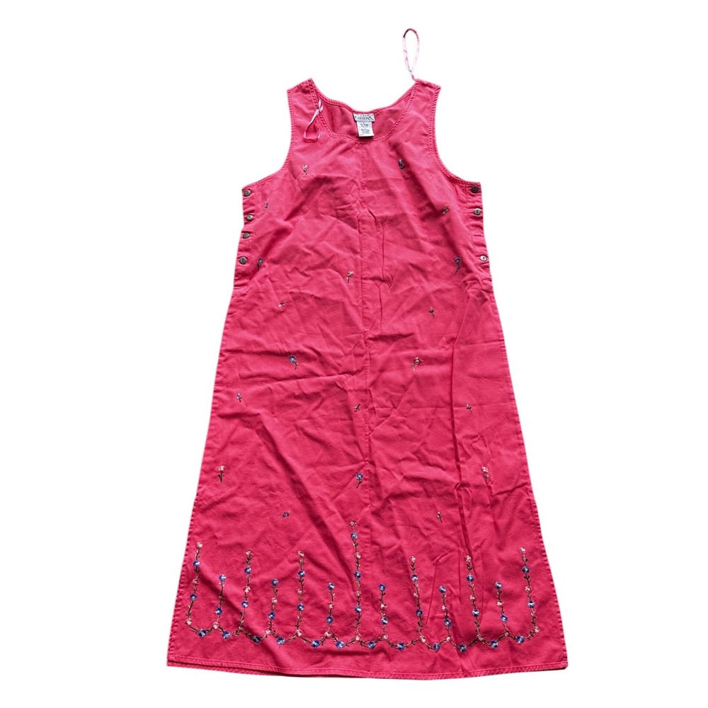 Basic Editions Pink Cotton Floral Embroidered Side Button Jumper‎ Dress Large